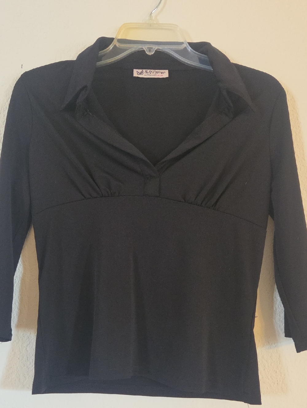 Self Esteem Black Collared Long Sleeve Empire Seam Top